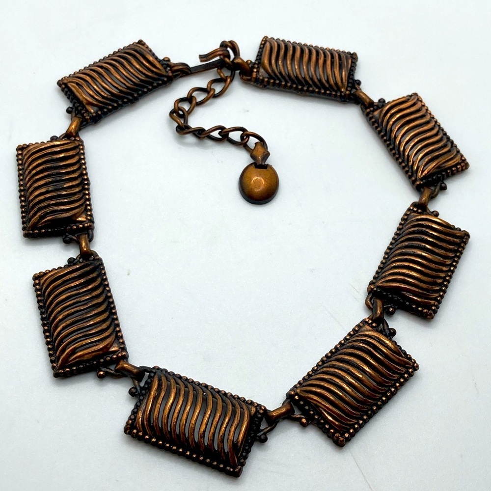 Vtg 70’s Copper Abstract Modernist Choker Length Necklace 12” + 3” Extender